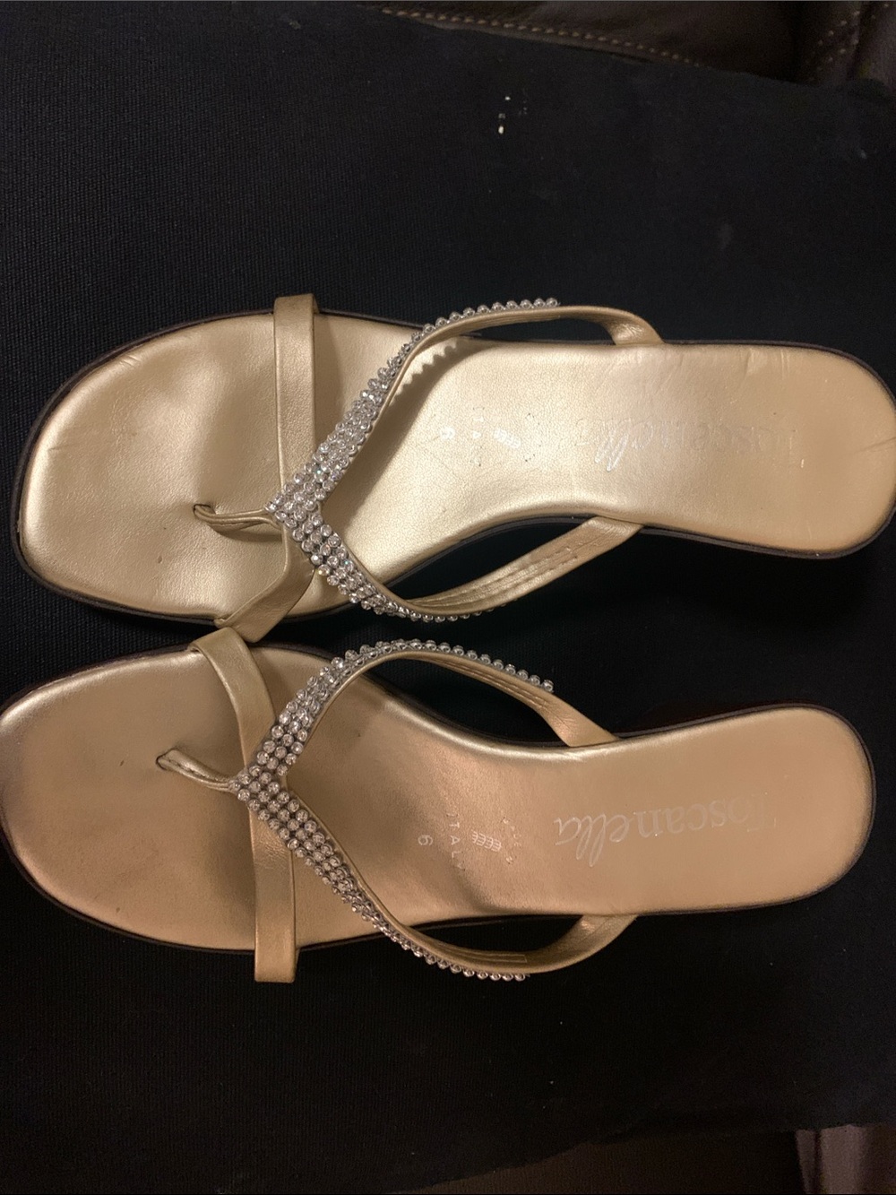 Gold Rhinestone Thong Sandals with Sparkle Straps by Toscanello - Made in Italy